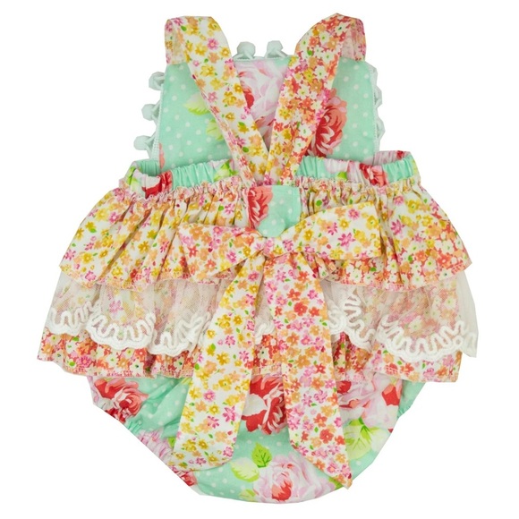 Haute Baby bubble romper garden isle patchwork boho lace ruffles sunsuit baby - Picture 1 of 9